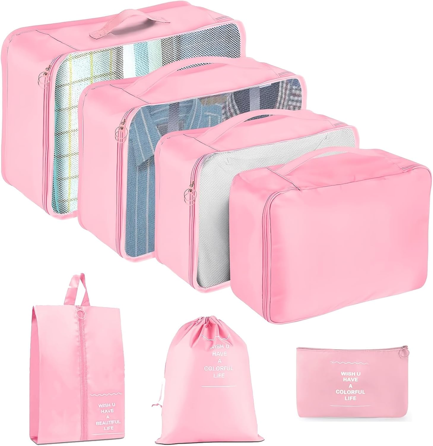 7 Pcs Travel Storage Bag Set, Luggage Organizer Bags for Clothes, Portable Large Capacity Packing Cubes (Pink-7 Pcs)