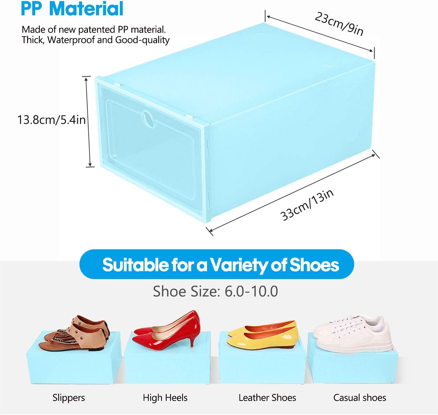 KPX 12 Pack Stackable Shoe Storage Organizer Plastic with Lid, Clear Shoe Boxes Drop Front, Shoe Containers Bins for Men’s Sneaker Women’s High Heels – Easy to Assemble (Blue)