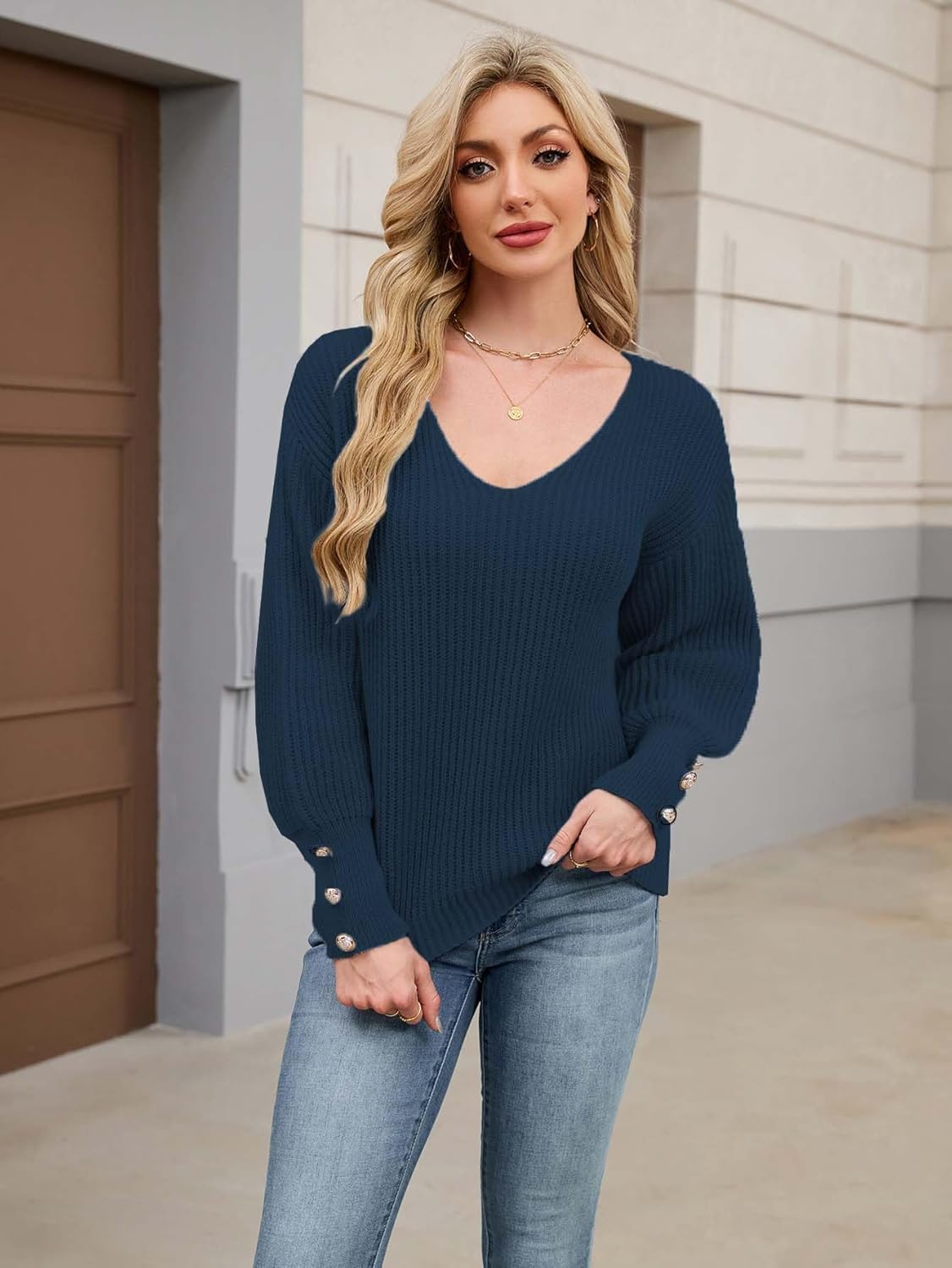SunnyMelody Womens Dressy V Neck Button Long Sleeve Sweater Fall 2025 Ribbed Knit Pullover Tops - Lightweight, Loose Fit - Image 6