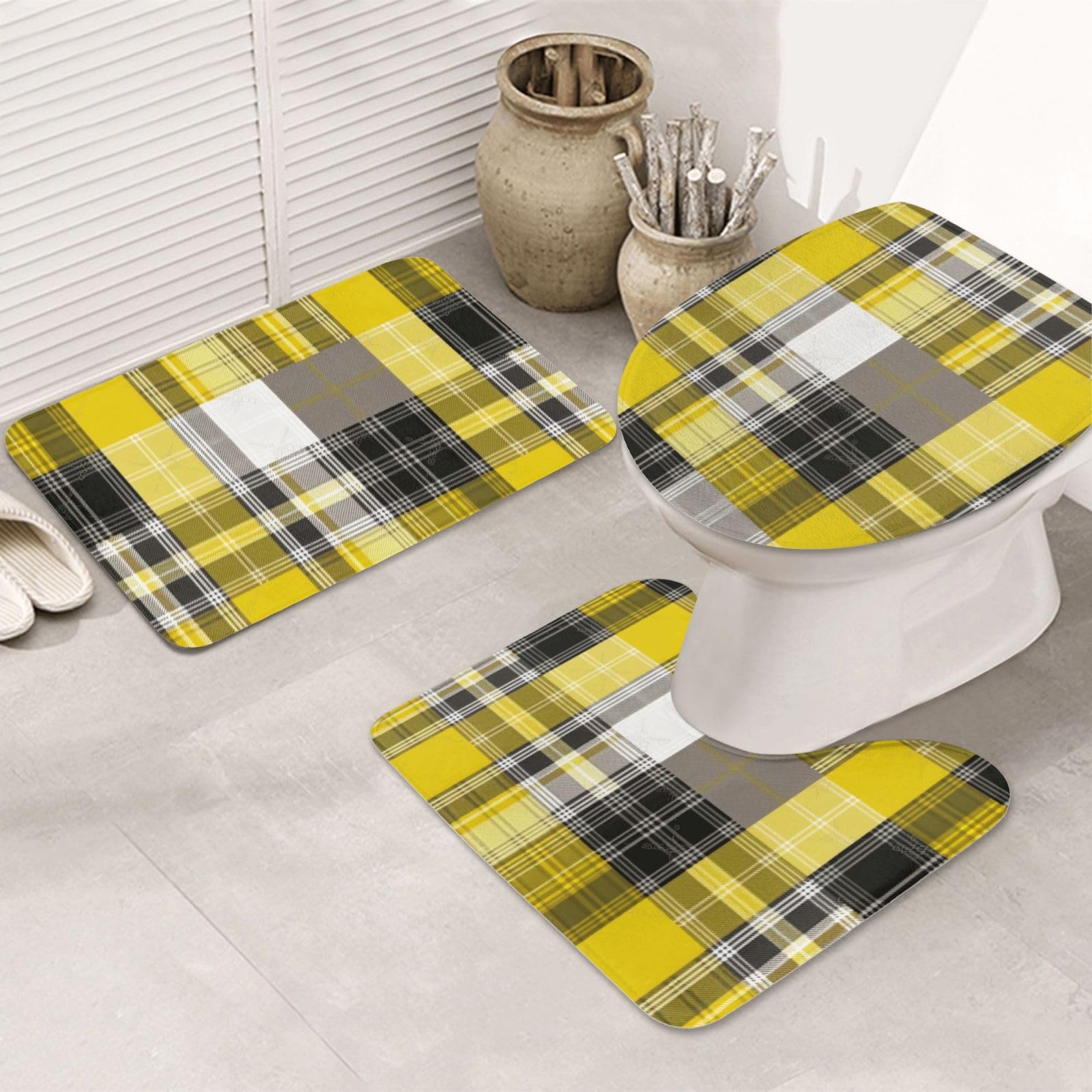 Tapis de bain lot de 3 carreaux jaunes et gris en flanelle absorbante pour WC