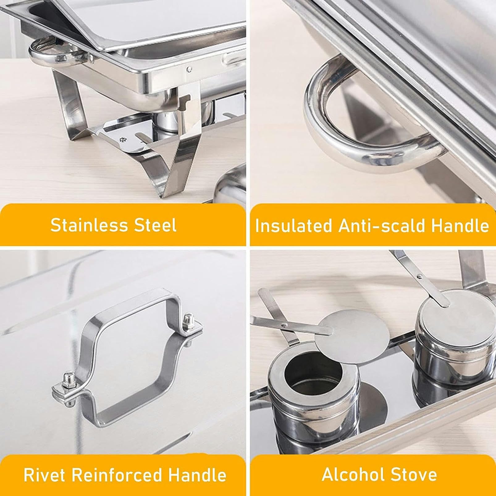 Juego de buffet de acero inoxidable Chafing Dish, 11L Servidores de buffet Chafing de tamaño completo Calentador de alimentos con bandeja de comida, soportes de combustible y tapa para cualquier event