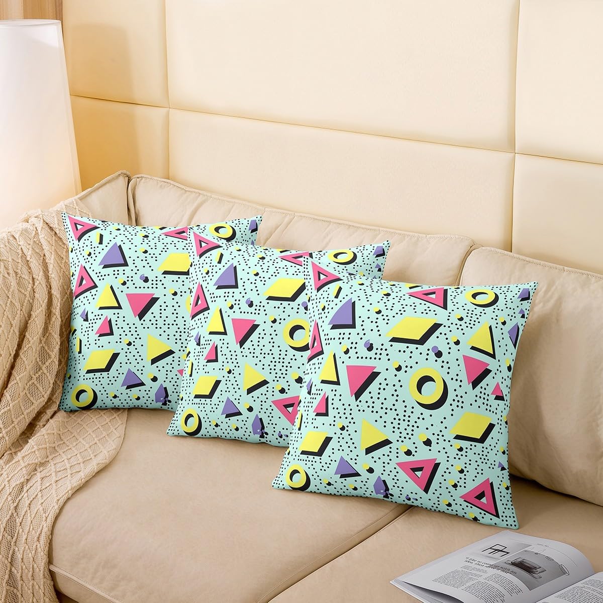 Set of 2 Retro 80s Pillow Covers 24x24,Abstract Geometric Throw Pillow Covers Urban Modern Design Circles Triangle Cushion Covers Colorful Pop Art Inspired Decorative Pillow Covers for Boys Child