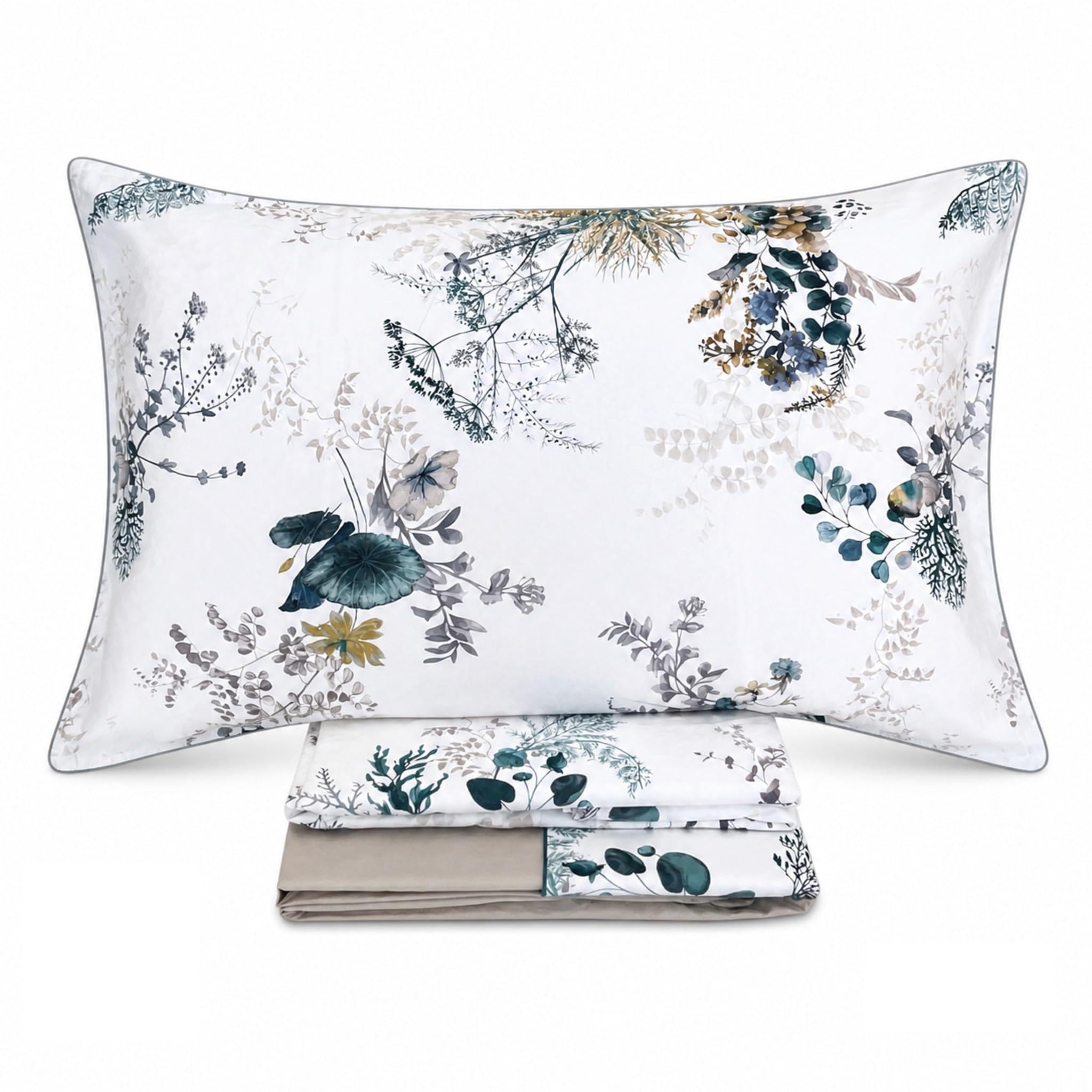 Completo Lenzuola Matrimoniale in Raso di Cotone 300 Fili Galizzi Carrie – Set Letto 250x295 cm con Angoli 180x200 h30 + 2 Federe con Piping – Floreali Made in Italy (Pietra)