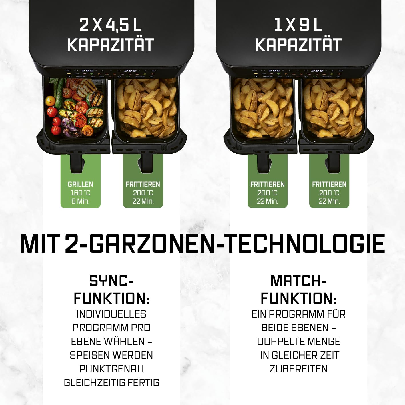 GOURMETmaxx Doppelkammer Heißluftfritteuse - 2 x 4,5 L | Synchro-Garzonen Airfryer | Fritteuse mit LED-Touchscreen, Farb-Icons | Heißluftfritteuse 2 Kammern mit 12 Programmen | fast ohne Öl frittieren