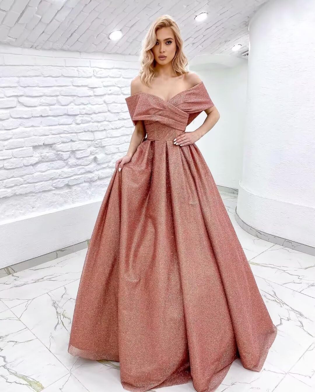 Rlweus Women's Off Shoulder Tulle Prom Dresses A-line Backeless Long Formal Evening Dresses Quinceanera Gowns