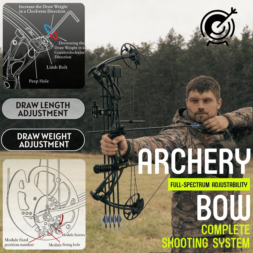 Compoundbogen Set 0-70lbs Verstellbarer Rechtshänder Bogen - 325 FPS IBO Geschwindigkeit - Komplettes Archery-Set mit Pfeilen, Koffer und Zubehör
