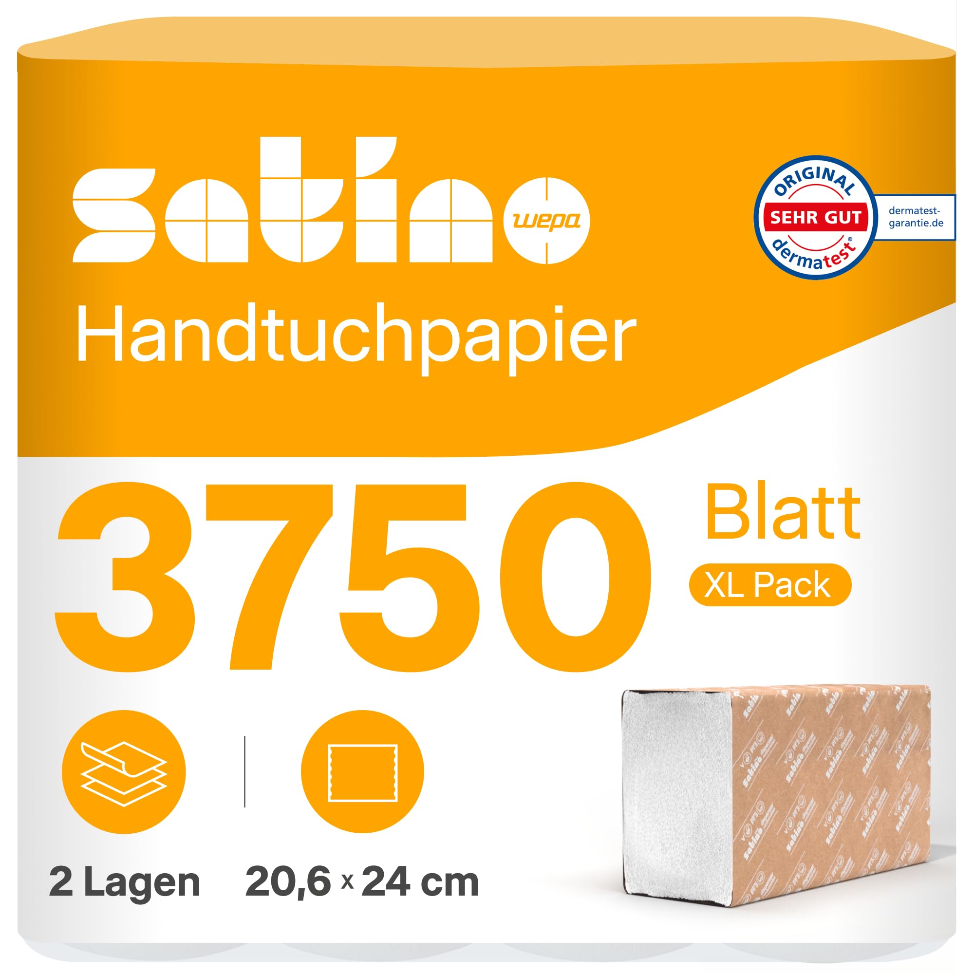 Satino – 3.750 Papierhandtücher – 2 lagig - Z-Falz – 20,6 x 24cm (gefaltet: 20,6 x 8 cm) - saugstark & fusselfrei - Handtuchpapier aus Recyclingpapier - Papiertücher für PT2 & H2 – Papier