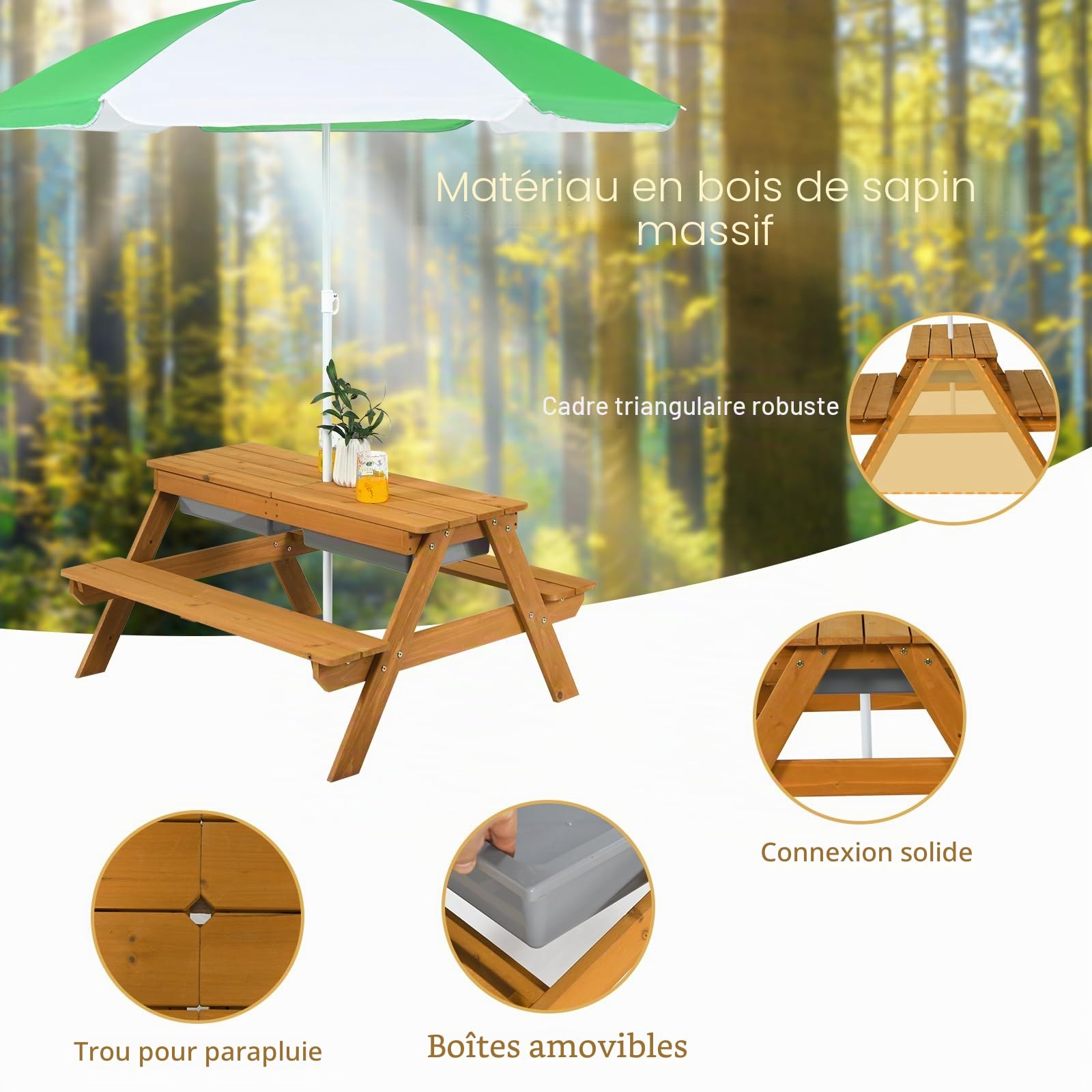 SOARS 3 in 1 Table Exterieur Enfant en Bois de Sapin, avec Parasol Réglable en Hauteur, Plateau de Table Amovible & 2 Boîtes de Jeu, Charge 50KG, pour Garçon & Fille 3-7 Ans (Vert + Blanc)