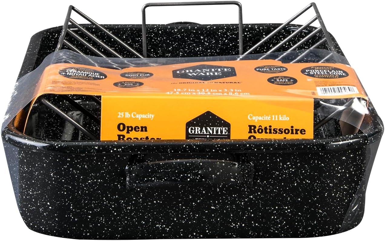 Granite Ware 19-Inch Roasting Pan With V-Rack - Nonstick Rectangular Roaster for Poultry, Baking, Broiling, Grilling - Durable Cookware for Holiday Feasts & Daily Meals - Family Size, Made of Steel