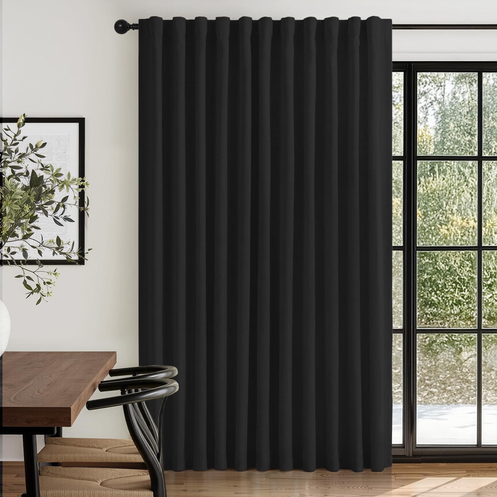 Photo 1 of 100% Blackout Shield Linen Blackout Curtains for Bedroom 84 Inches Long, Back Tab/Rod Pocket Living Room Drapes, Thermal Insulated Blackout Curtains 1 Panel Set, 100" W x 84" L, Black
