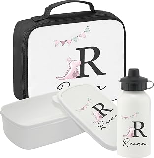 Personalised lunch box set Lunch bag sandwich box and Bottle back to school set, Lunch box water bottle and optional sandwich box Pink Dinosaur Initial and name