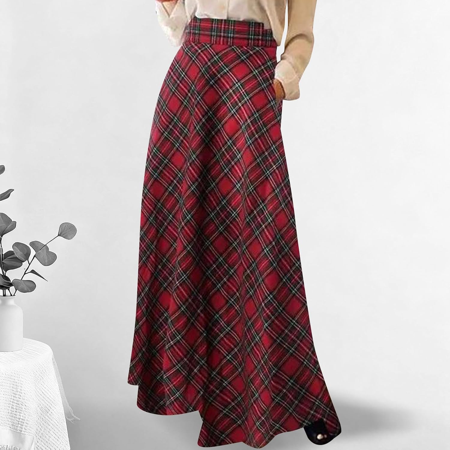 Women's Plaid Skirt Warm Elastic Waist Faux Wool A-Line Pleated Tartan Winter Long Skirts Plus Size Retro Skirts - Image 2