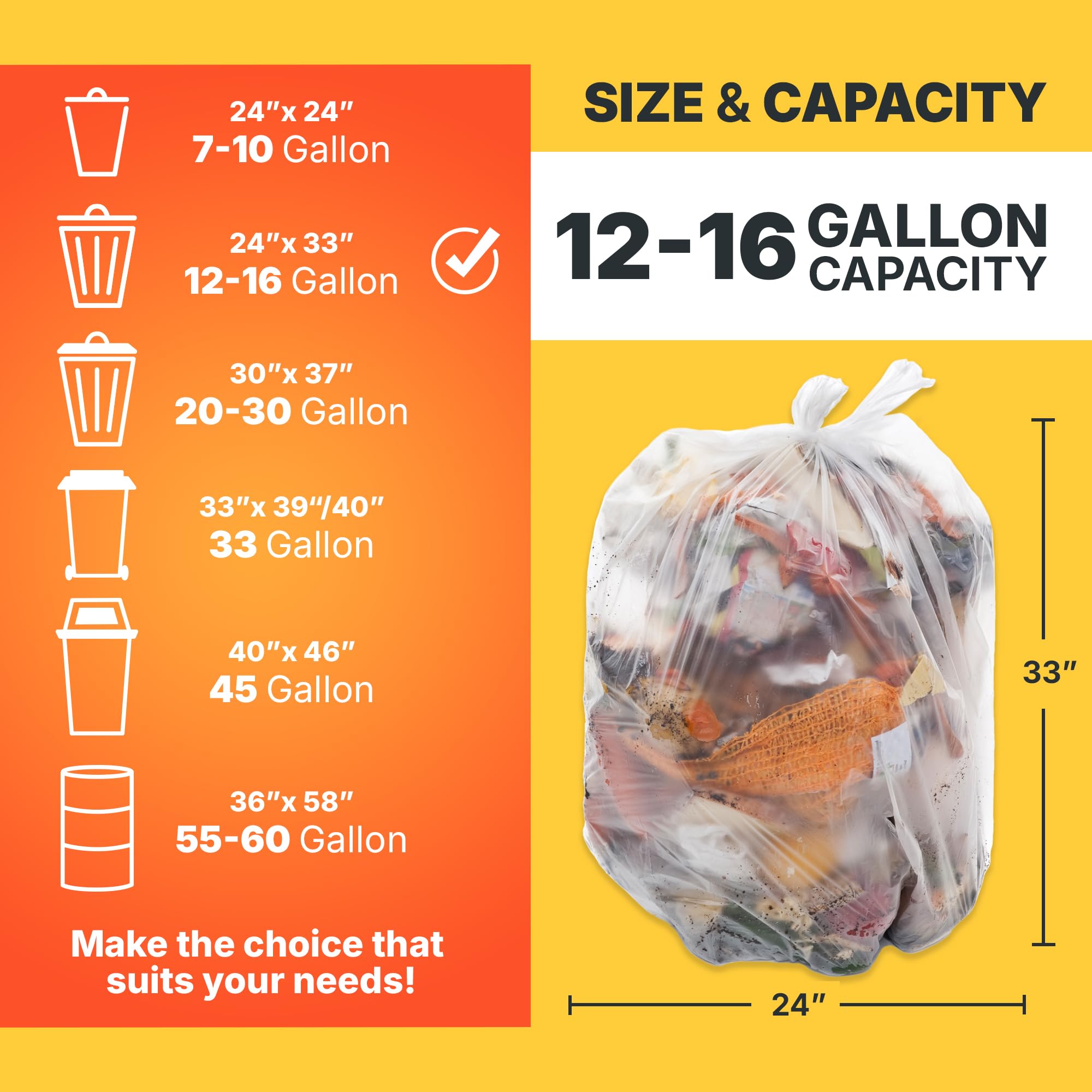Bagtron 12-16 Gallon Trash Bags, 8 Micron High Density Garbage Can Liners Bulk, 24