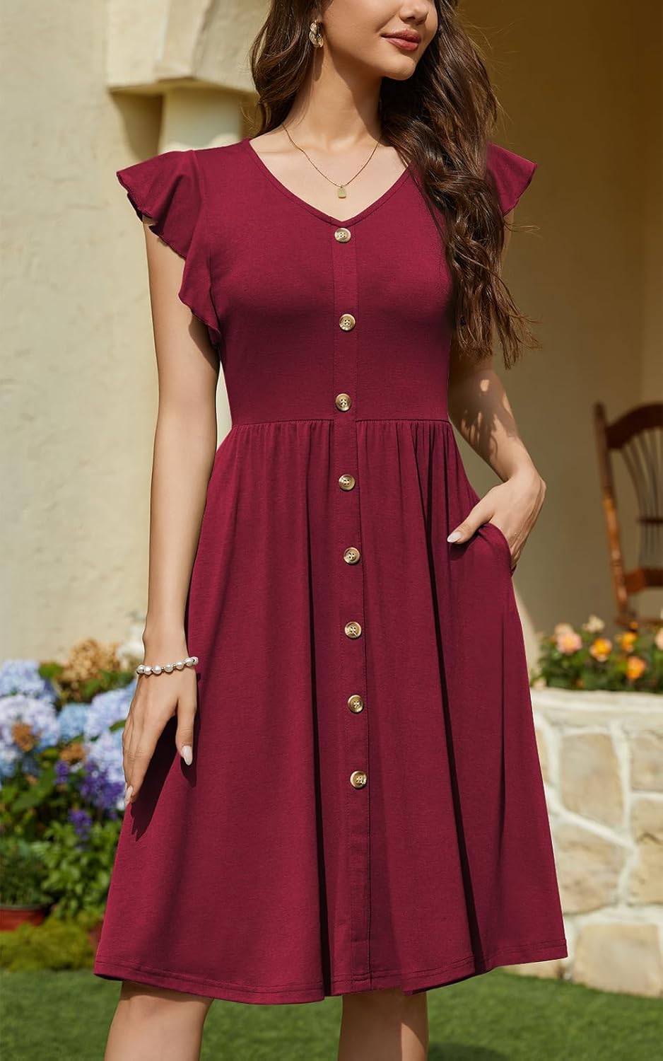 Lamilus Women's 2026 Summer Casual Swing Knee-Length Dress: V-Neck Ruffle Sleeves, Front Button Down with Side Pockets - Image 4