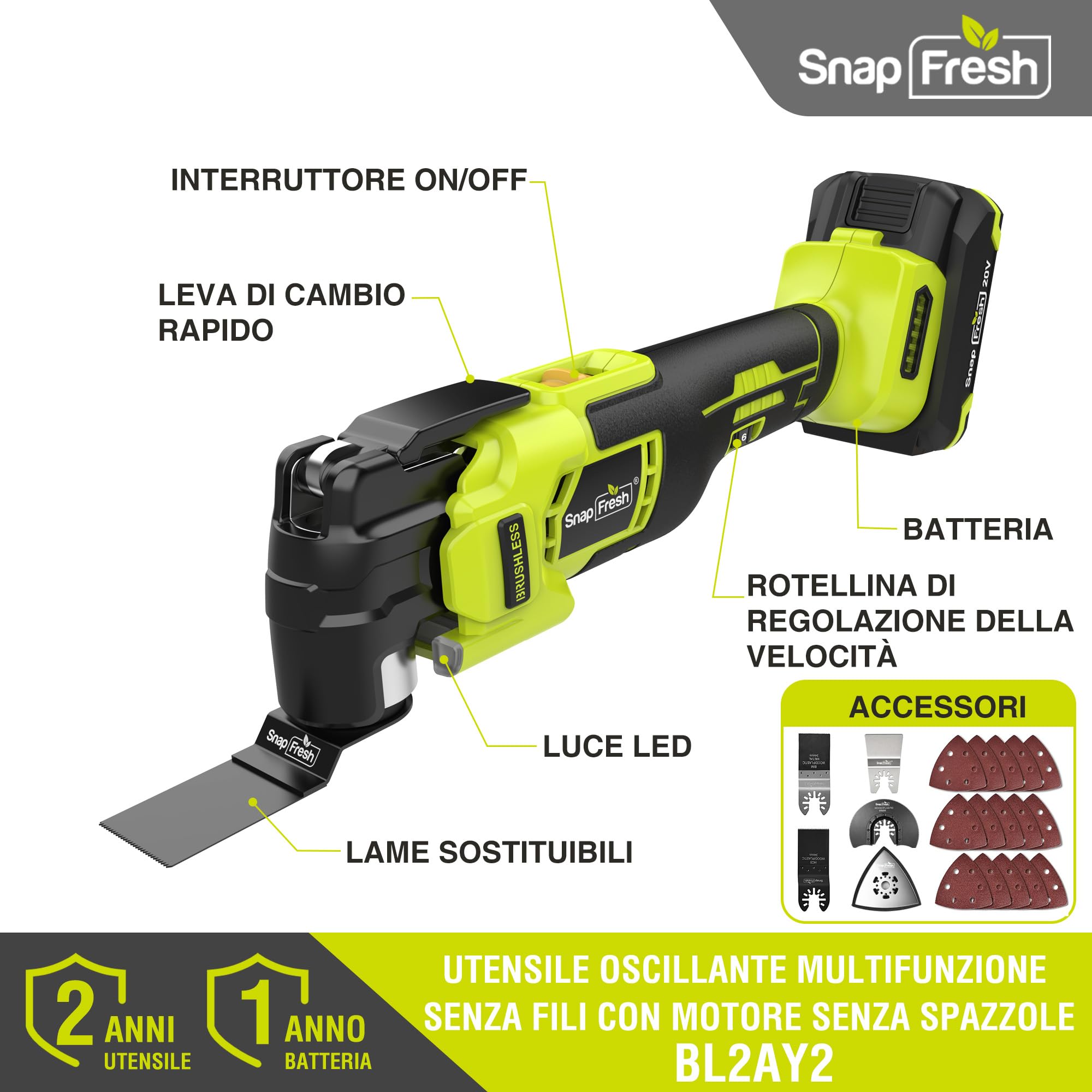SnapFresh Utensile Multifunzione Oscillante 20V Senza Fili e Senza Spazzole, Tecnologia Anti-Vibrazione VibeNeutral, 6 Velocità Variabili, Angolo 4°, Batteria 2,0 Ah, Caricatore Rapido e Borsa