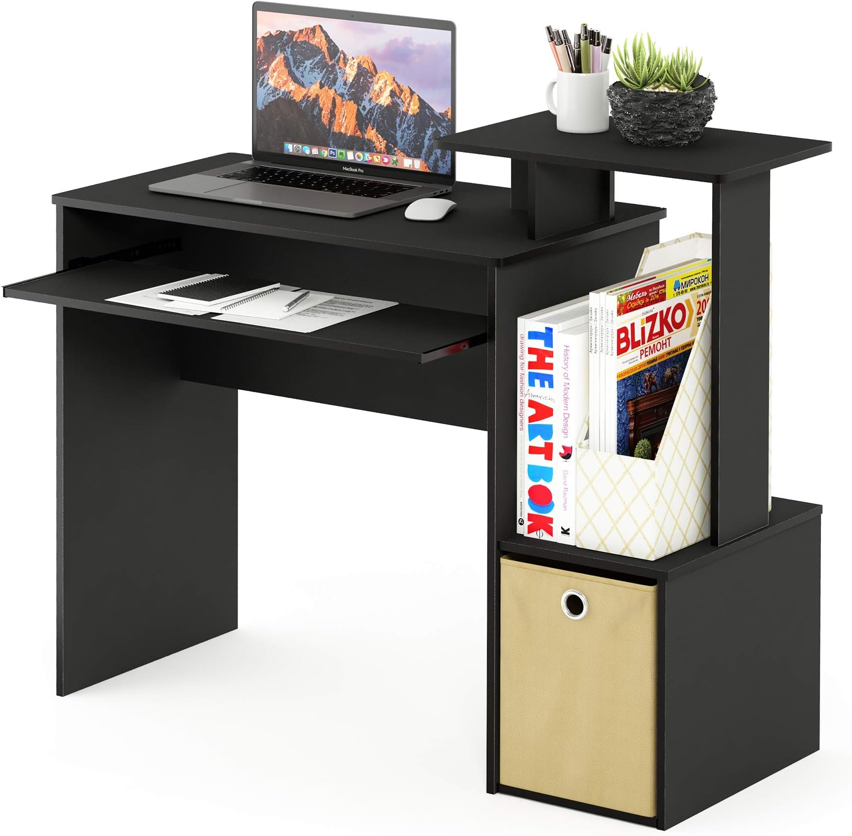Furinno Econ Multipurpose Home Office Computer Writing Desk, Computer Desk, Study Desk, w/Bin, Black/Brown, 100.1 (W) x 86.6 (H) x 39.9 (D) cm