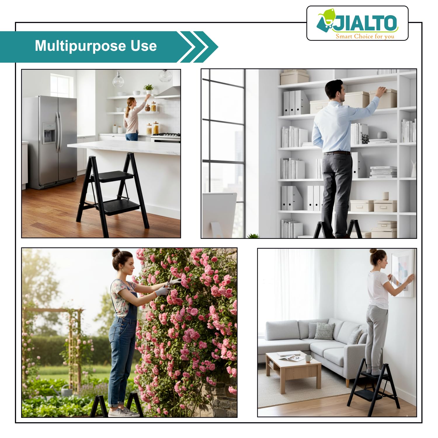 JIALTO 2 Step Metal Ladder for Home, Foldable Lightweight Stepping Stool with Wide Pedals, Anti Slip Heavy Duty 150 Kg Capacity, Portable for Kitchen, Office & Library (Black) — Amazon image 5