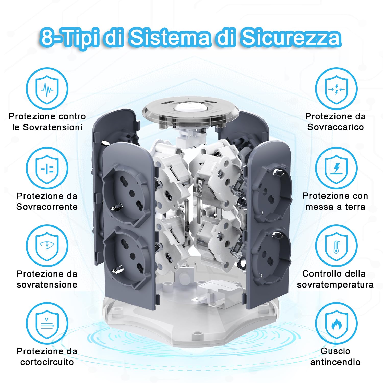 TOPREK Regleta Vertical con 8 Tomas Universales ITA 10/16A y Schuko y 2 USB C y 2 USB A (USB-C1 20W PD3.0 Carga Rápida), 4000W/16A, Regleta con Interruptor, Cable de 2M, Enchufe 16A, Oscuro Gris | 2 tipo C (20 W PD3.0 carga rápida) y 2 tipo A y 8 universa
