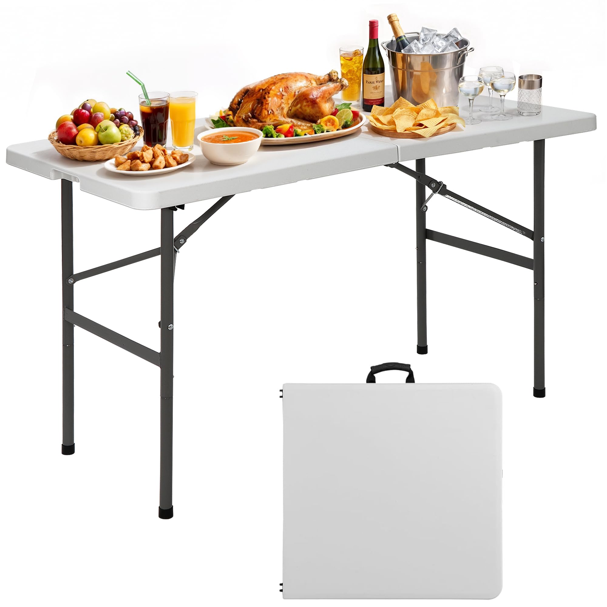 Saicool Folding Event Table, Heavy Duty Picnic Table Indoor Outdoor Camping, 4FT Portable w Handle Lock for Banquet, White