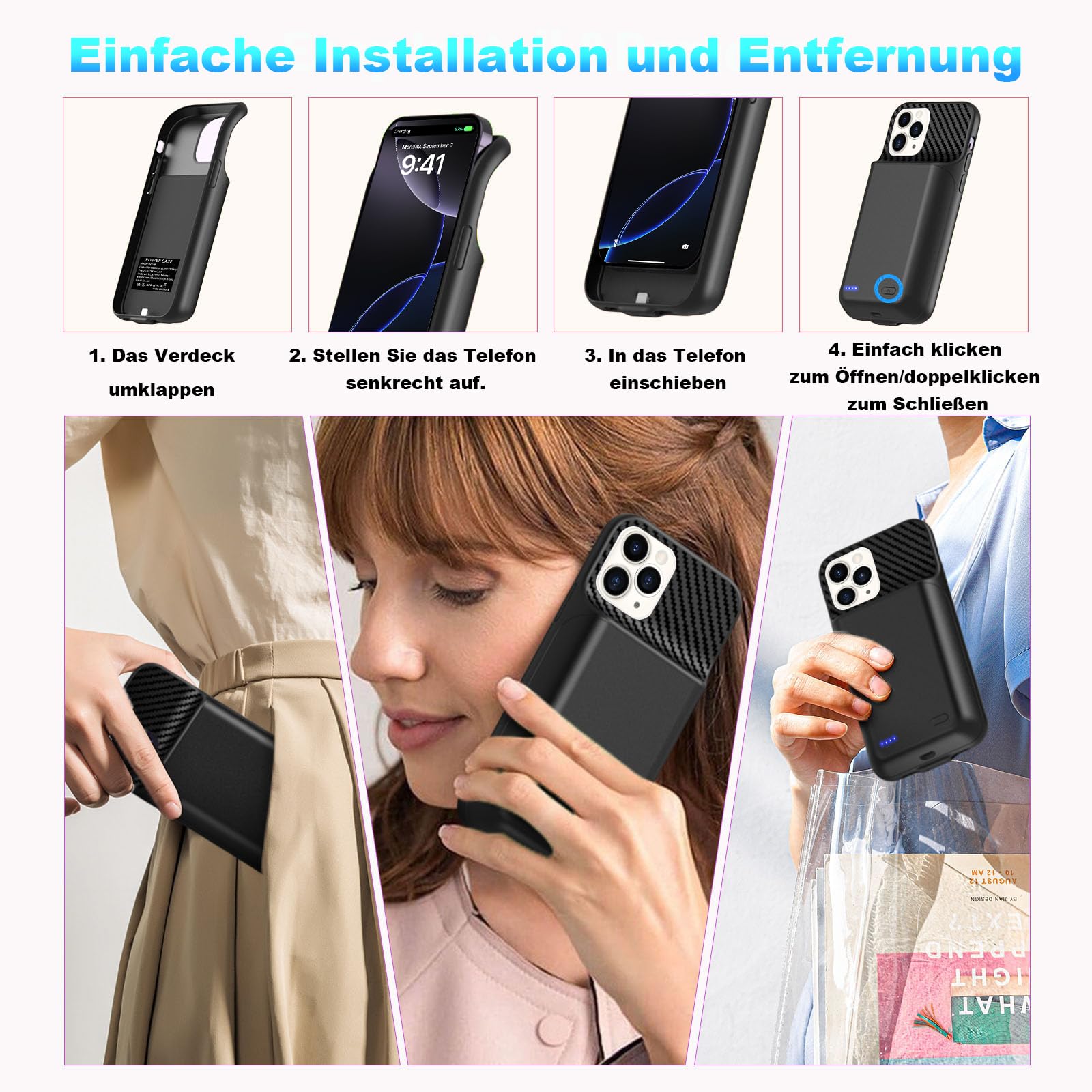 Akkuhülle für iPhone 16 Pro Max (6.9 Zoll), 13800mAh Tragbare Ladebatterie Zusatzakku Externe Handyhülle Batterie Wiederaufladbare Schutzhülle mit Panzer Schutz Glas Folie