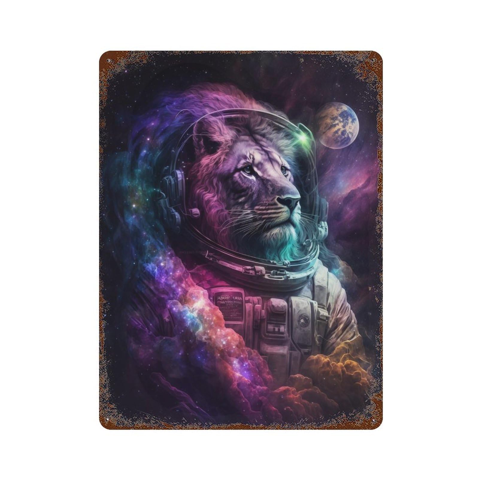 Lion Astronaut in Space -10 Weathered Tin Sign 15.7"x11.8", Decorative Metal Wall Art for Garage, Bar And Workshop Decor
