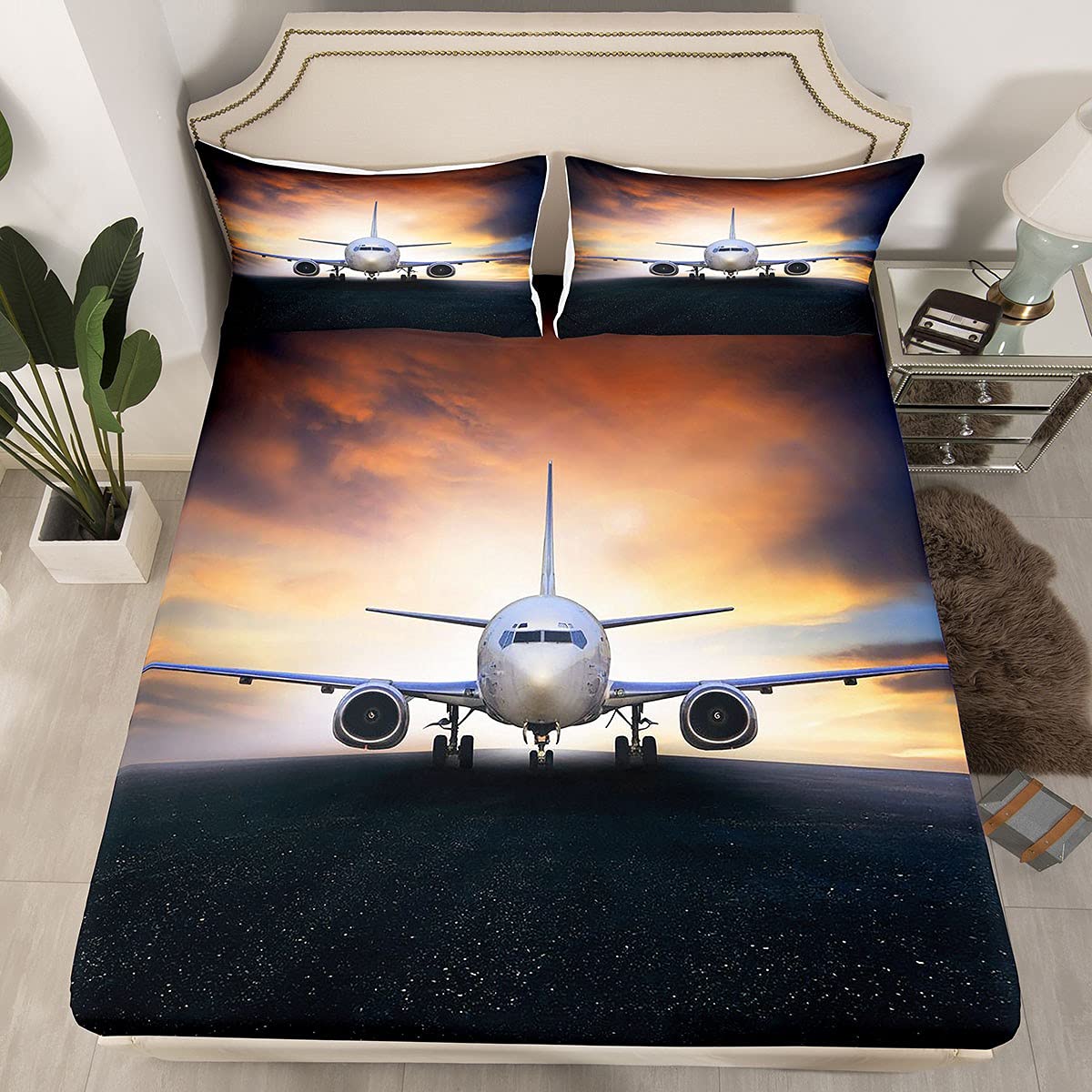 Aircraft Bedding Sheets Aircraft Runway Bed Sheet Set for Kids Boys Girls Airplane Print Bedding Fitted Sheet White Aircraft Cool Bed Cover 3Pcs King Size