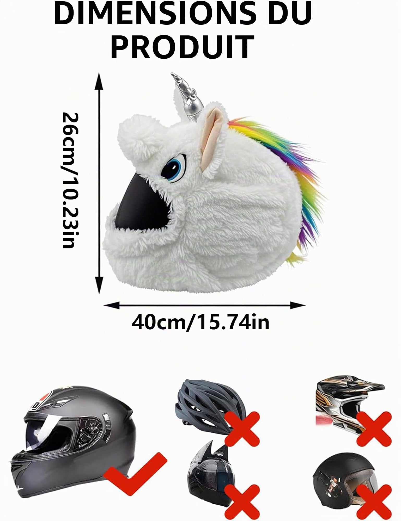 Housse de casque de moto en peluche licorne pour hommes et femmes, motif licorne, blanc