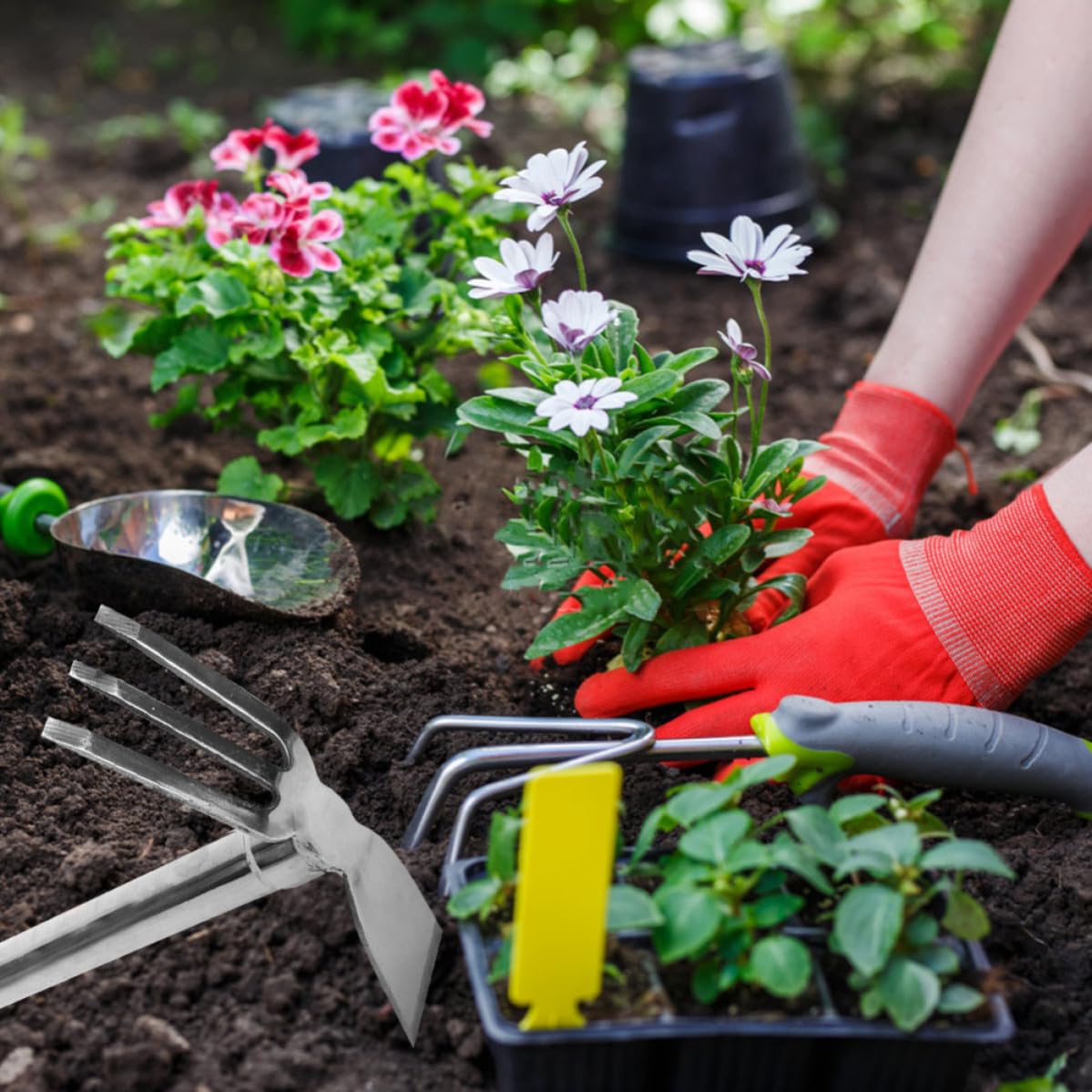TEHAUX Azada de Jardinería de Acero Inoxidable, Azada Compacta para Labrar, Plata, para Jardinería y Desbroce, Afloja la Tierra y Mejora la Eficiencia