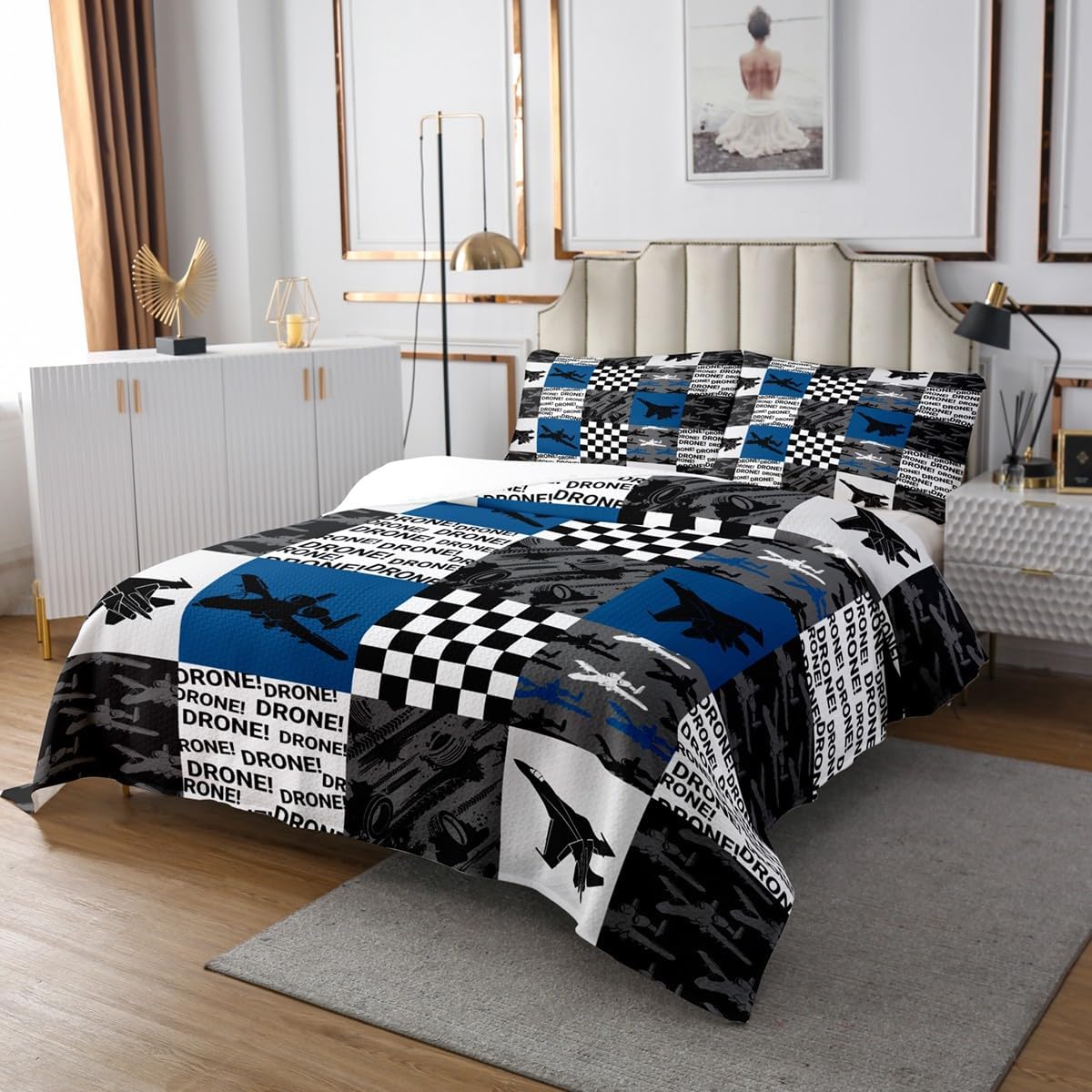 Castle Fairy Airplane Bedding Set Twin Size,Geometric Plaid Patchwork Bedspread 2Pcs,Military Theme Comforter Set for Kids Boys Girls Teens Room Decor,Black White Blue Quilt Coverlet,1 Pillowcase