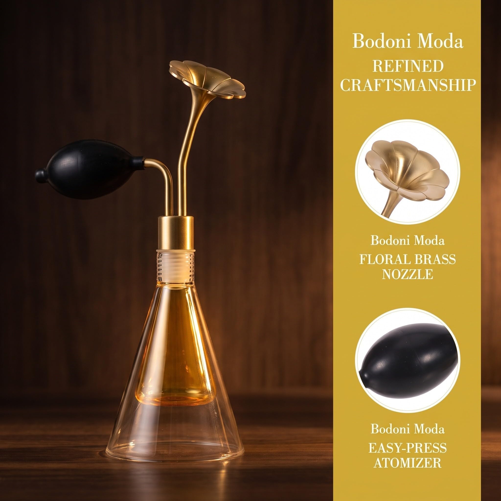 Cabilock Flacone Profumato in Vetro Oro 90ml con Pompa Corta in Rame | Design Retrò, Ugello Floreale e Testa a Imbuto in Ottone, per Vanità e Spa Aromatica