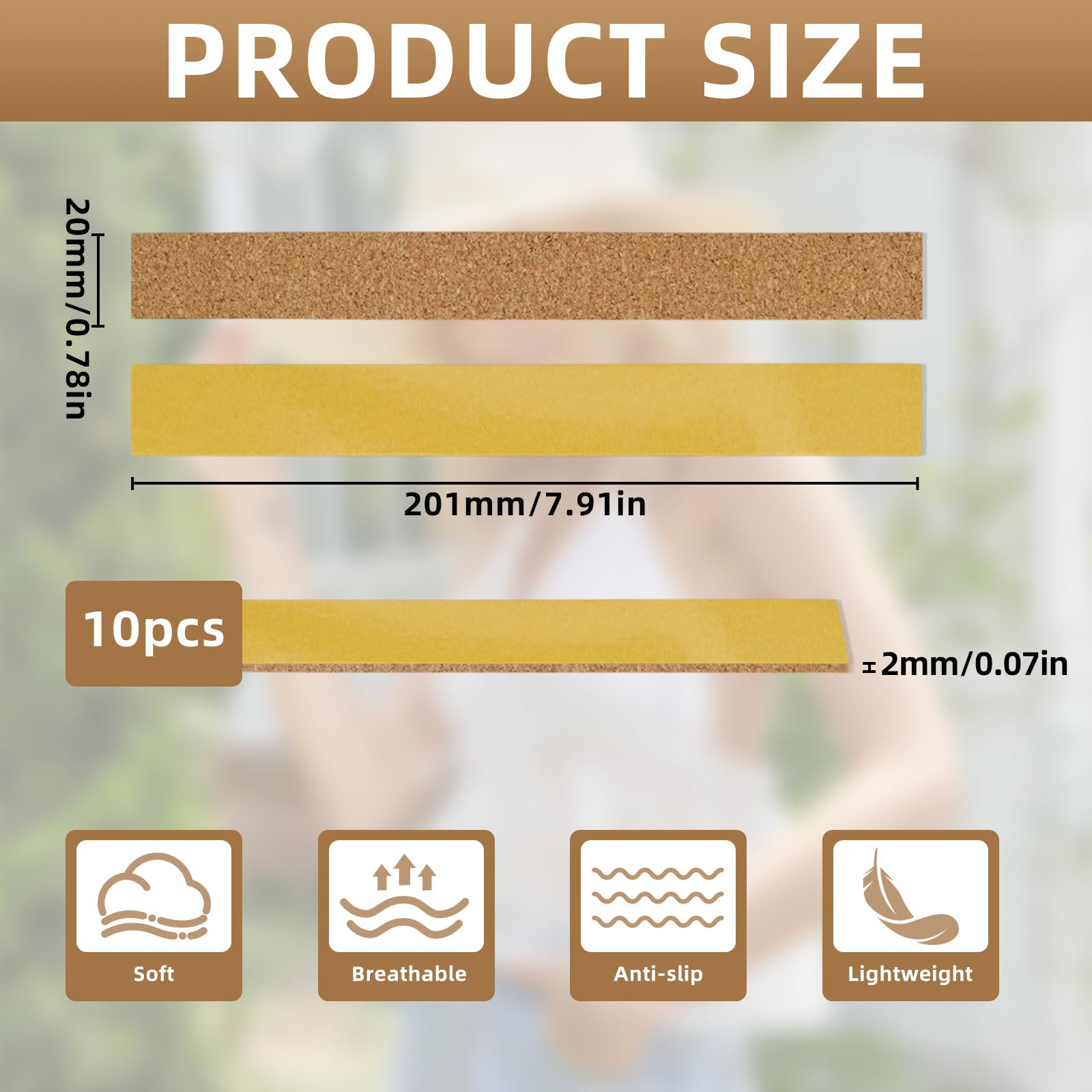 Lot de 10 Reducteur Tour 200 * 20 * 2mm Bande Réducteur Ajusteur de Taille Tete de Réduction du Bandes de Liège Réglage de Ruban Adhésif pour Chapeau Cork Autocollantes en Liège Intérieur