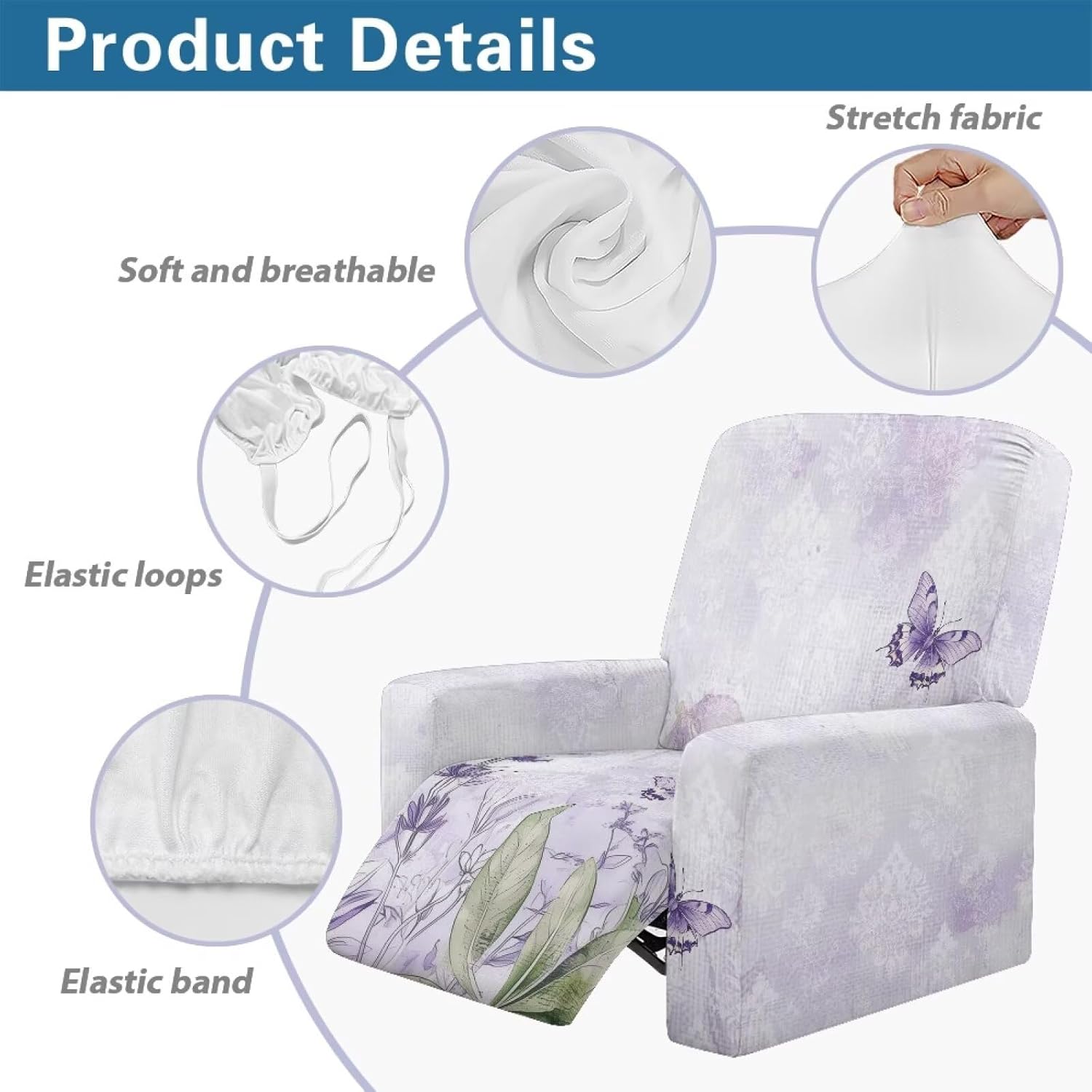 FOR U DESIGNS Lavender Purple Butterfly Recliner Chair Covers 4-Piece Set Stretch Non Slip Convenient Pockets for Storage Washable Against Stains and Pet Hair on Reclining Furniture