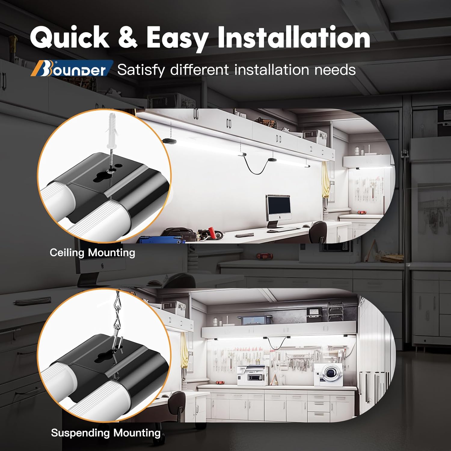 BBOUNDER 10 Pack Linkable LED Utility Shop Light, 4400 LM, 6500K Cool Daylight, 4 FT Integrated Fixture for Garage, 40W Equivalent 250W, Surface + Suspension Mount, Black