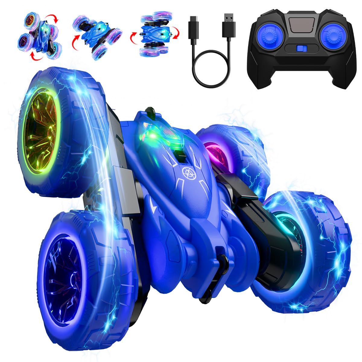 zingzoom Rechargeable Remote Control car with Colorful Lights, Double Sided RC Stunt Car for Kids Fast USB-C Charging 360° Rotation 4WD Car Toys for Aged 3-12 Gift