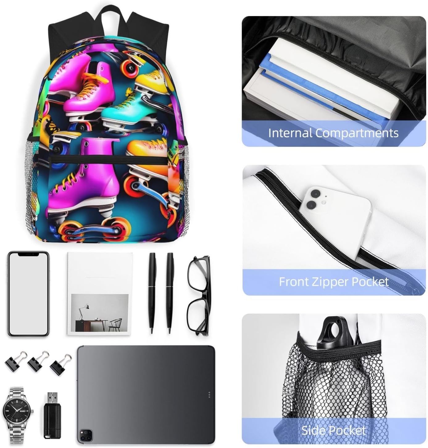 Colorful Roller Skates Backpack Large Sports Bag, Best for Basketball, Soccer, Volleyball, Swim, Gym, Travel
