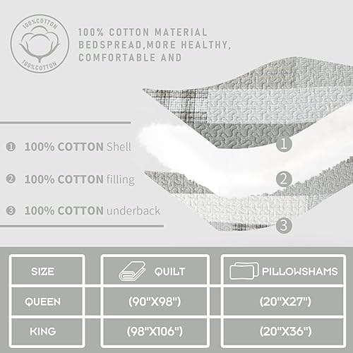 Miniatura 5 de Finlonte Juego de edredón de tamaño Queen, cuadros de retazos grises (gris), 90 x 98 pulgadas, 3 piezas