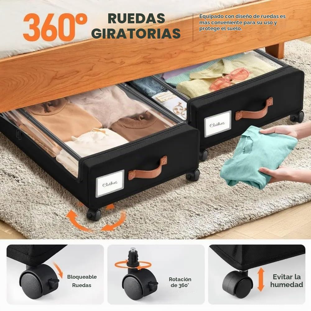 NEWFUN 2PCS Organizador Ropa, Cajas de Almacenamiento Debajo de la Cama de 40 Llitros, Adecuadas para Guardar Ropa, Zapatos, Mantas y Ropa de Cama, Color Gris (black)