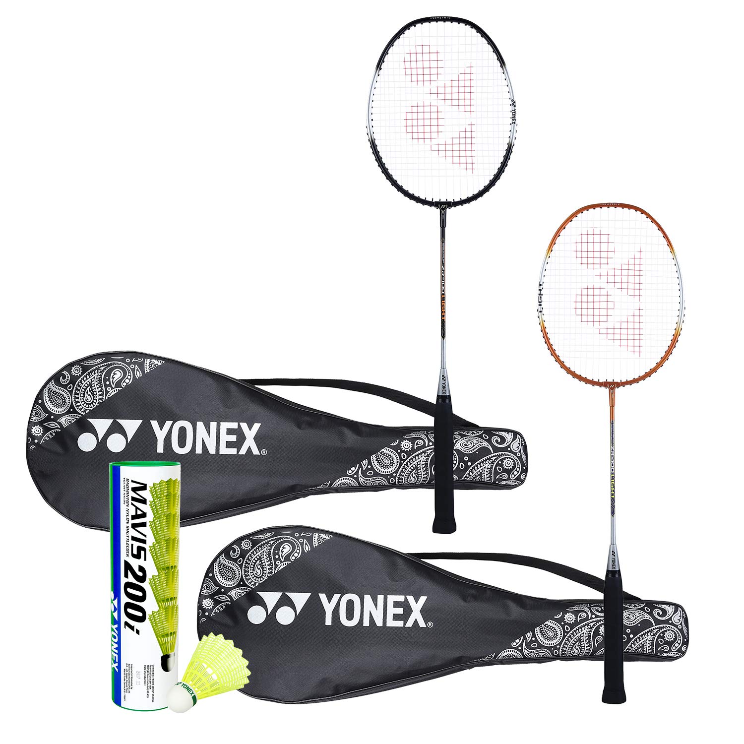 Yonex ZR 100 Light Badminton Combo (Set of 2 Yonex ZR 100 Light Badminton Racquet with Full Cover Black/Orange + Mavis 200I Shuttlecock Pack of 6)