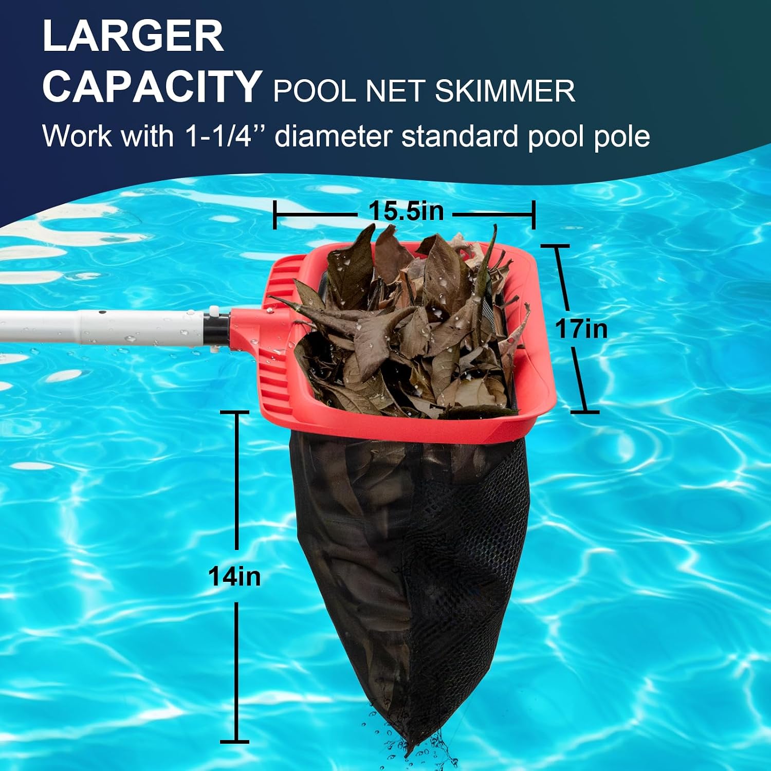Pool Skimmer Net, Upgraded Pool Net Skimmer with Double-Layer Netting Bag, Larger Capacity Pool Nets for Cleaning Finest Debris, Thickened Frame Pool Leaf Net Reinforced with Grid Structure