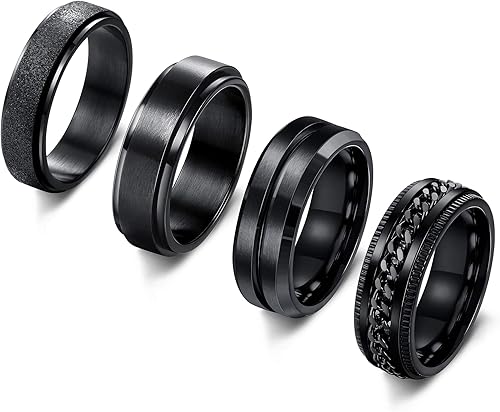 THUNARAZ Anillo de titanio de acero inoxidable para la ansiedad para mujeres y hombres, anillos giratorios negros para la ansiedad, juego de anillos
