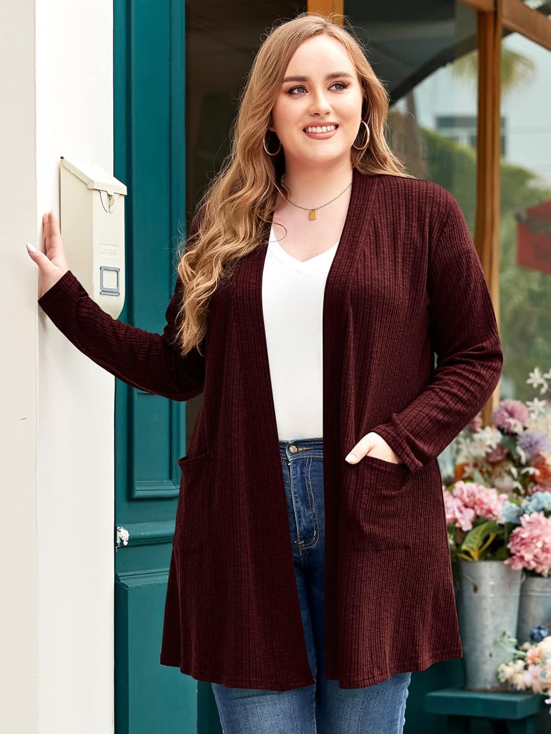 LARACE Open Front Knit Cardigan Sweaters for Women Plus Size Long Sleeve Tops with Pockets Lightweight for Winter - Image 3