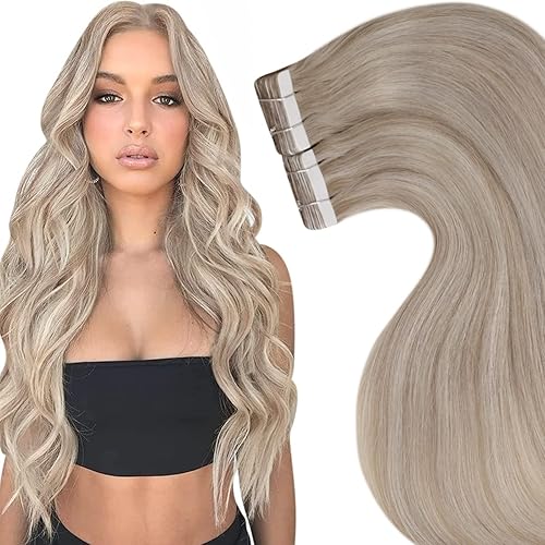 LaaVoo Tape in Extensions Human Hair Highlight Dirty Blonde with Platinum Blonde Tape Hair Extensions Real Human Hair Soft Straight Adhesive Double Sided 18 Inch 50g/20pcs