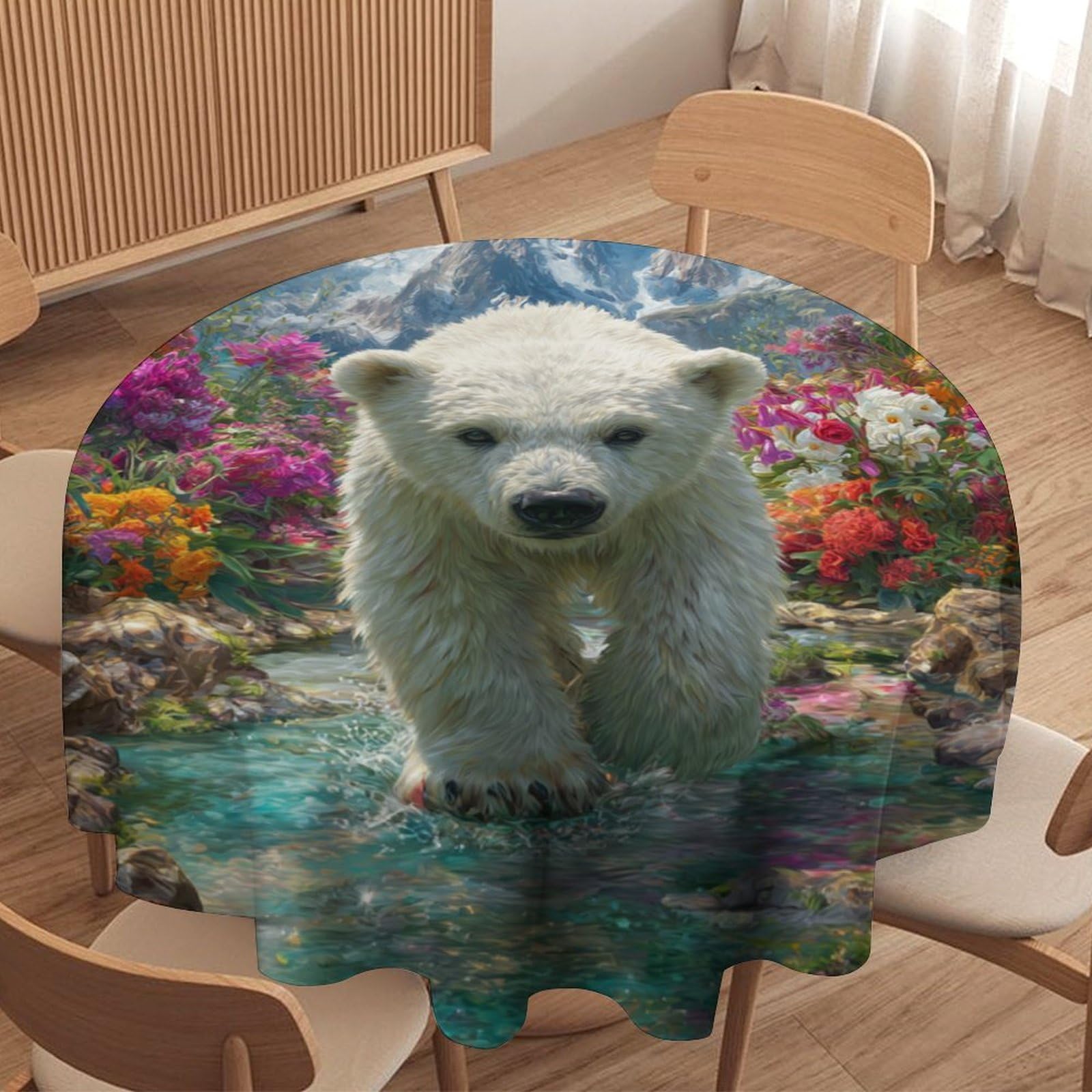 LUYYSKY Colorful Realistic Polar Bears Round Tablecloth Modern Painting Art Natural Flowers Animal Bears Pattern Washable Decor for Table Cover for Kitchen-177.8" Wx177.8 L cm