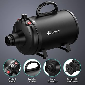 Blanlody Blower Dog Hair Dryer - Very Quiet - 5.2 HP / 3800 W - Adjustable Motor - Dog Care Blower With 4 Different Nozzles - Elastic Hose And Maintenance Brush
