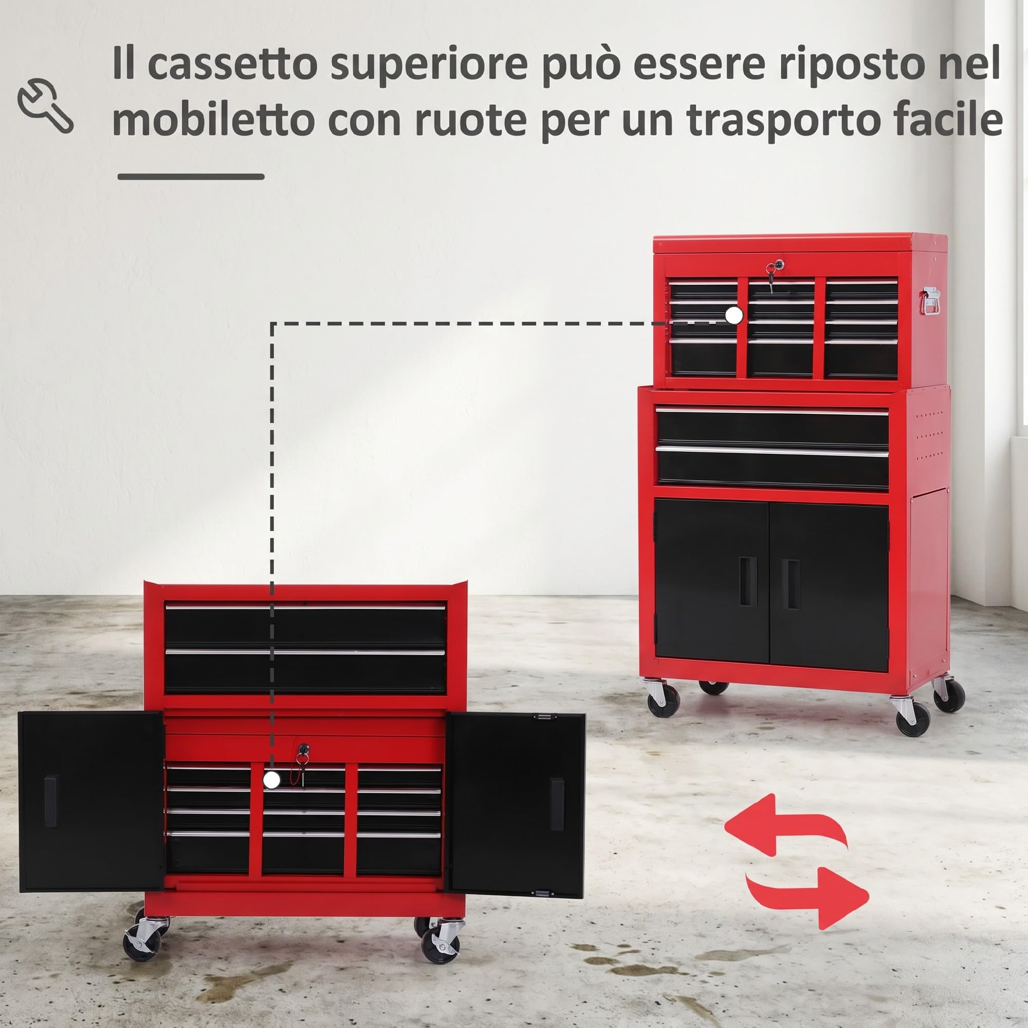 HOMCOM Carrello Portautensili 2 in 1 con 6 Cassetti e Armadietto Rimovibile, Carrello Porta Attrezzi con Serratura e Ruote, Cassettiera Officina in Acciaio per Garage 61.6x33x108 cm Rosso