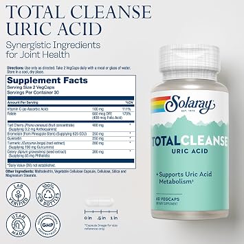 Solaray Total Cleanse Uric Acid - Joint Health Supplement - Powerful Joint Support and Uric Acid Cleanse with Tart Cherry Extract, Celery Seed, Turmeric Extract - , 30 Serv, 60 VegCaps