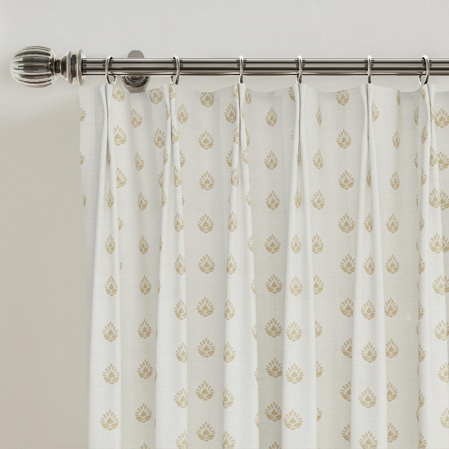 TWOPAGES Stefana Silber x Extra Width 100 Inches Pinch Pleat Curtain, Symmetrical Pattern Block Khaki, Linen Curtain Panel, Living Room, 100 W x 84 L Inch, 1 Panel Block Print