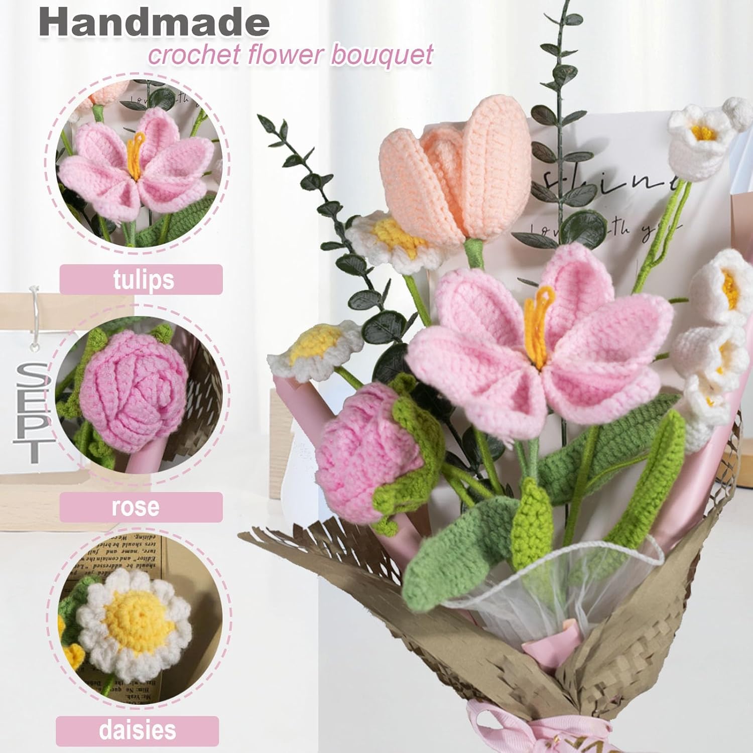 Crochet Flower Bouquet Handmade Crochet Tulip Rose Artificial Flower Finished Bouquet for Home decor,Gift for Girls Lover