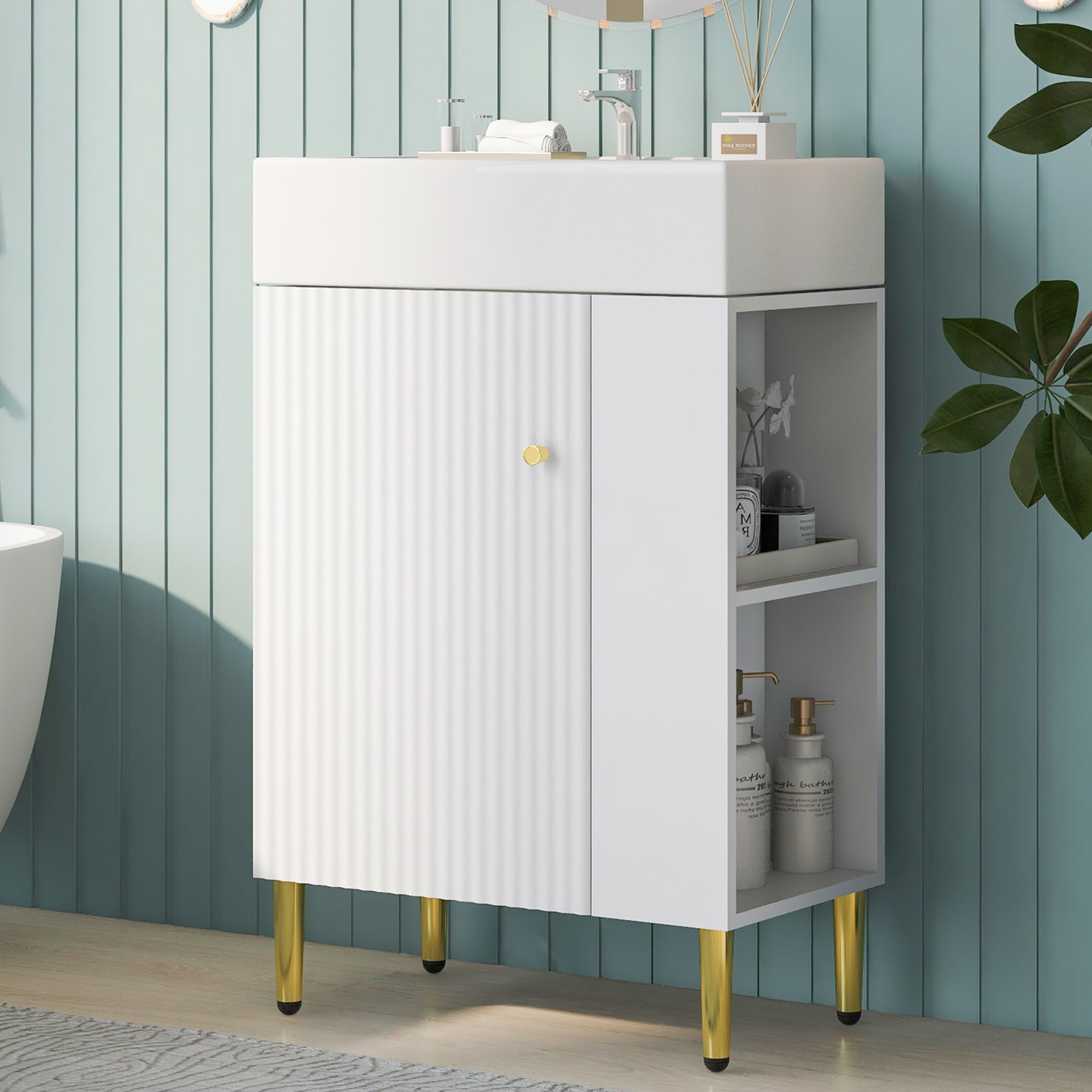 LUMISOL 21.6" Small Bathroom Vanity with Sink, Narrow Bathroom Vanity with One Door & Right Side Shelf, Solid Wood Freestanding Bathroom Cabinet with