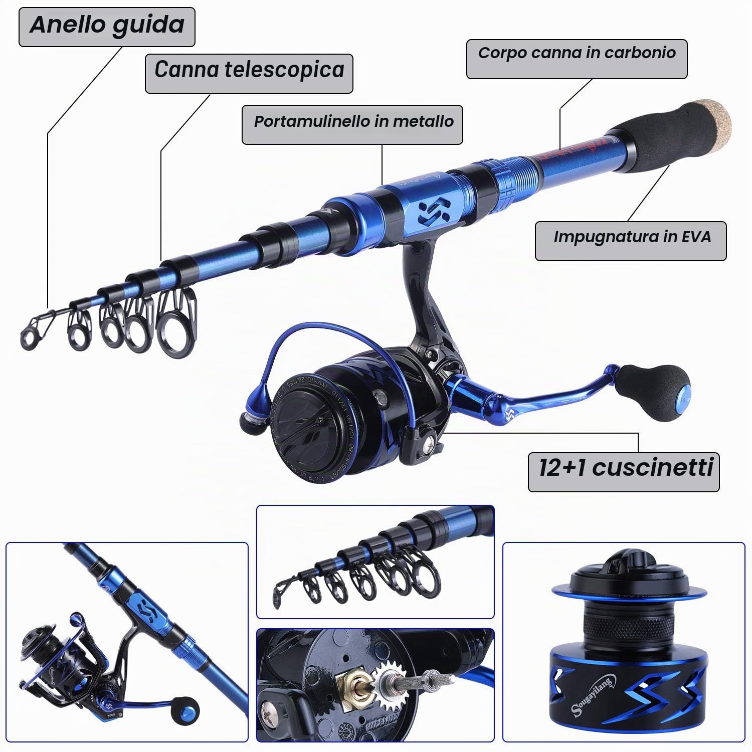 Sougayilang Combinazioni di canna da pesca, in fibra di carbonio da 24 tonnellate, canna da pesca telescopica portatile, mulinelli da spinning per viaggi, acqua salata e acqua dolce, regali per le